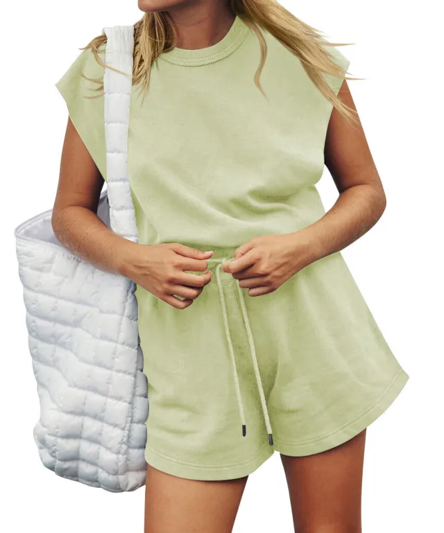 Summer Sleeveless Backless Jumpsuit Casual Loose Top And Drawstring Shorts Overall For Womens Clothing Apple Green - Shop at LoveMi