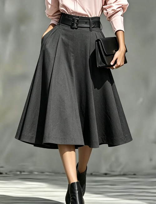 Dark Gray High Waisted Belt With Pleats, Large Swing, Medium Length Half Body Umbrella Skirt