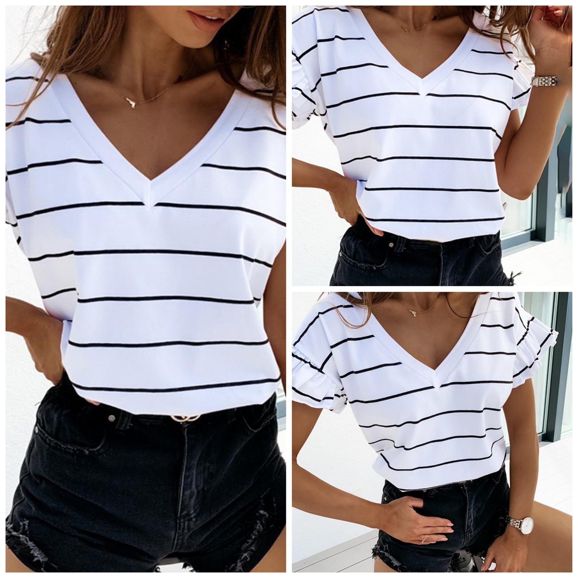 Title 2, New Striped V-neck Short-sleeved T-shirt Summer...