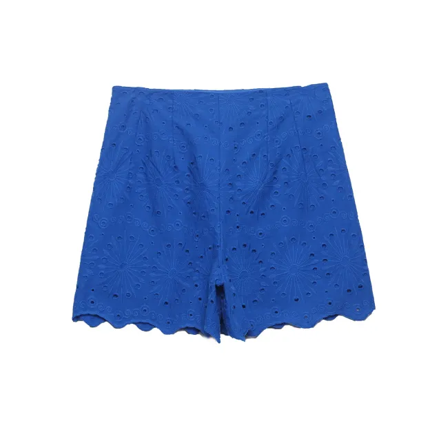 High Waist Embroidered Hollow Design Shorts Blue - Shop at LoveMi