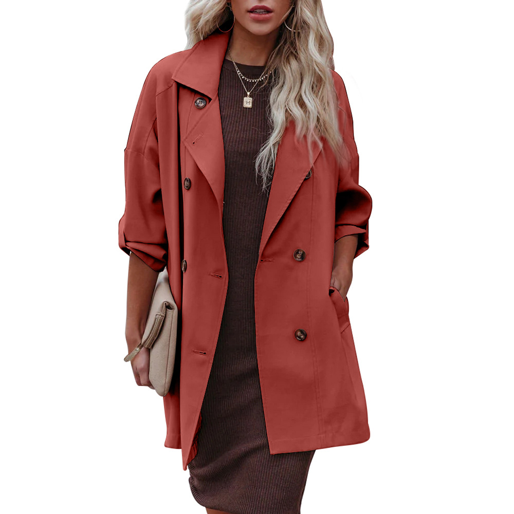 Medium Long Loose Casual Long Sleeve Trench Coat Brick Red - Shop at LoveMi
