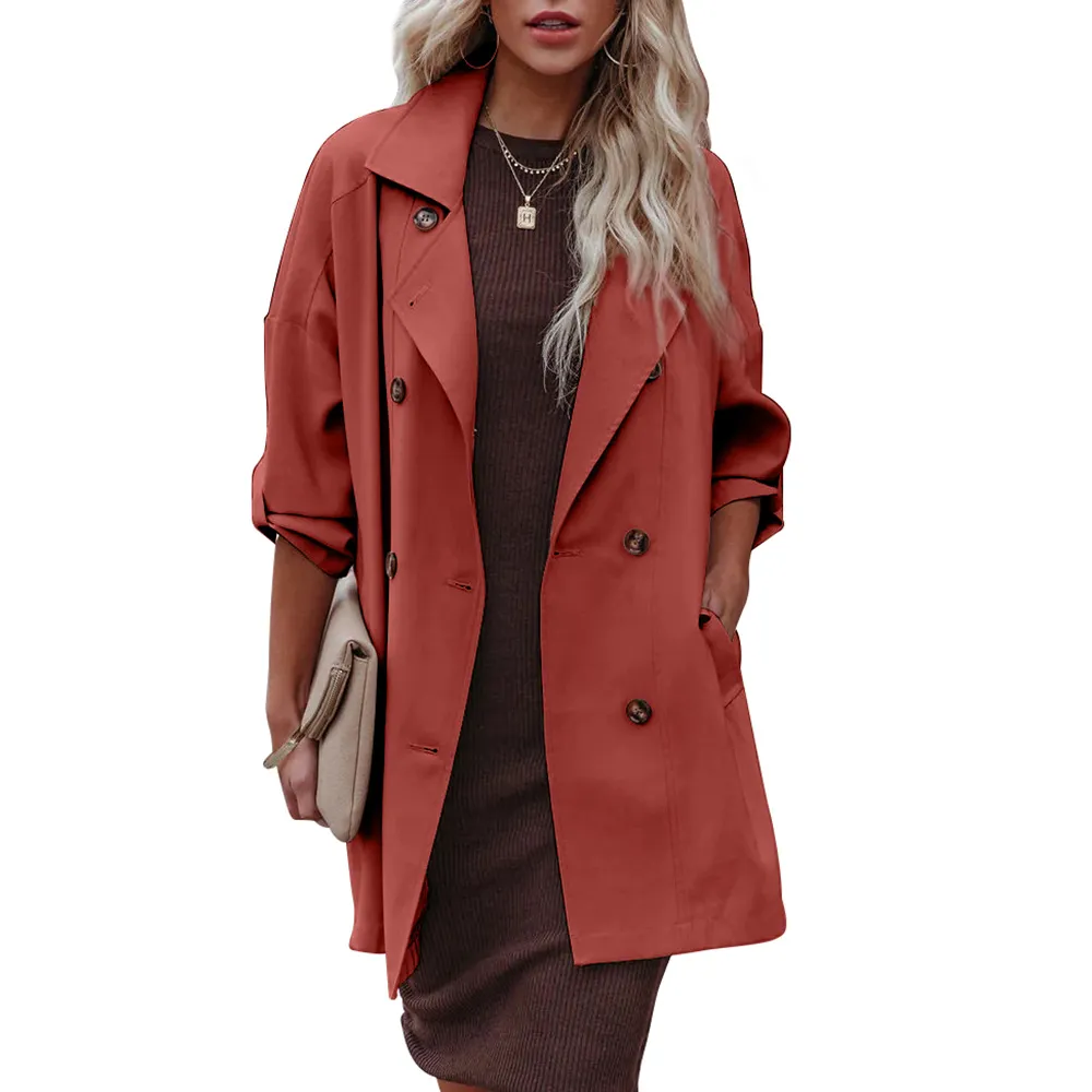 Medium Long Loose Casual Long Sleeve Trench Coat - Brick Red