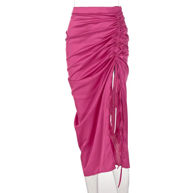 Sleek Drawstring Ruched Slit Zip Slim Skirt Rose Red - Shop at LoveMi