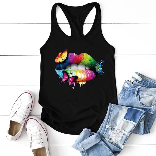 Multicolored Lips Butterflies Printed Tank Top Women Black - Shop at LoveMi