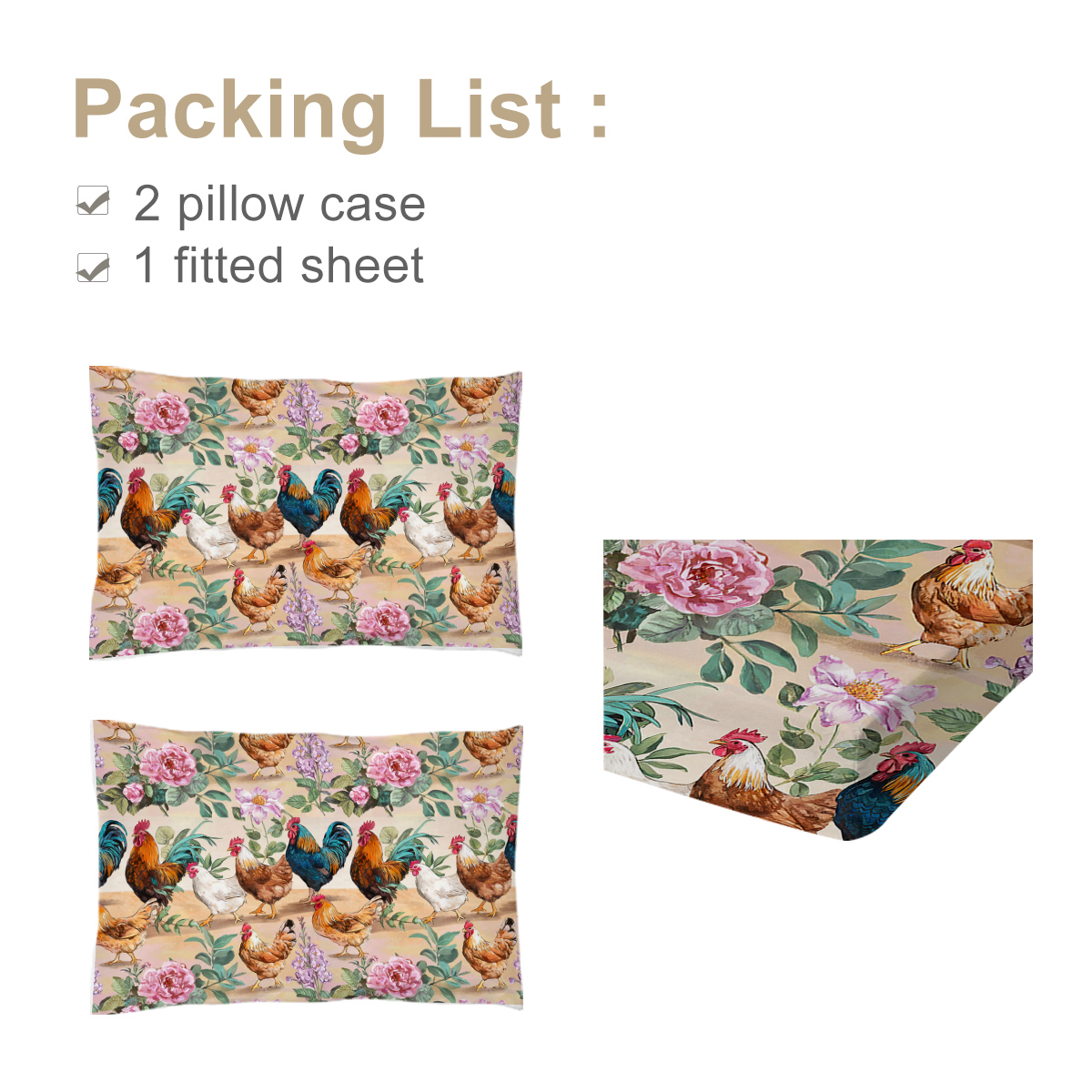 Hen Rooster Print Bed Sheet Set Farmhouse Animals Fitted Sheet, Room Decor Chicken Bedding Set Floral Rose Pattern Bed Cover 3Pcs