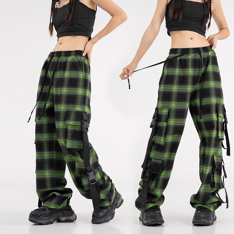 Title 2, Multi Pocket Plaid Buckle Strap Wide Leg Pants,...