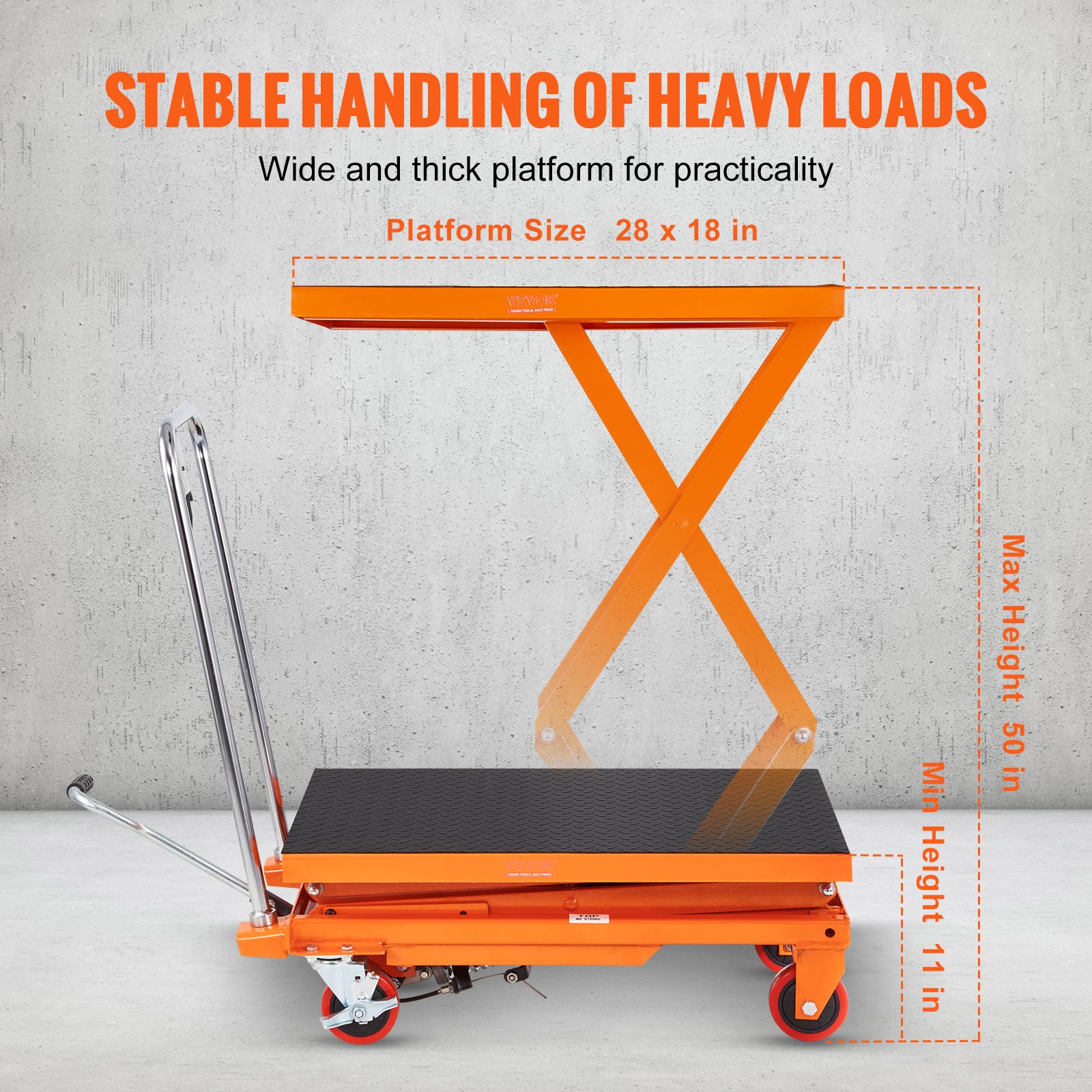 VEVOR Hydraulic Lift Table Cart, 330lbs Capacity  Lifting Height, Manual Double Scissor Lift Table With 4 Wheels And Non-slip Pad, Hydraulic Scissor Cart For Material Handling And Transportation image 3