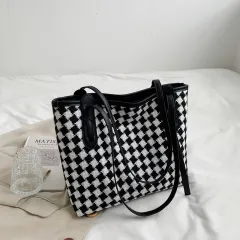 Plaid Single Shoulder Bag For Women With Large Capacity Tote - Black - View 1