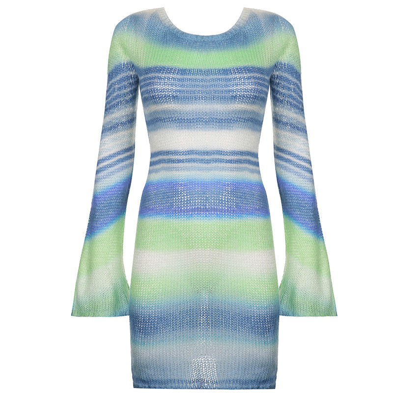 Colorblock Striped Knitted Long-sleeved Dress