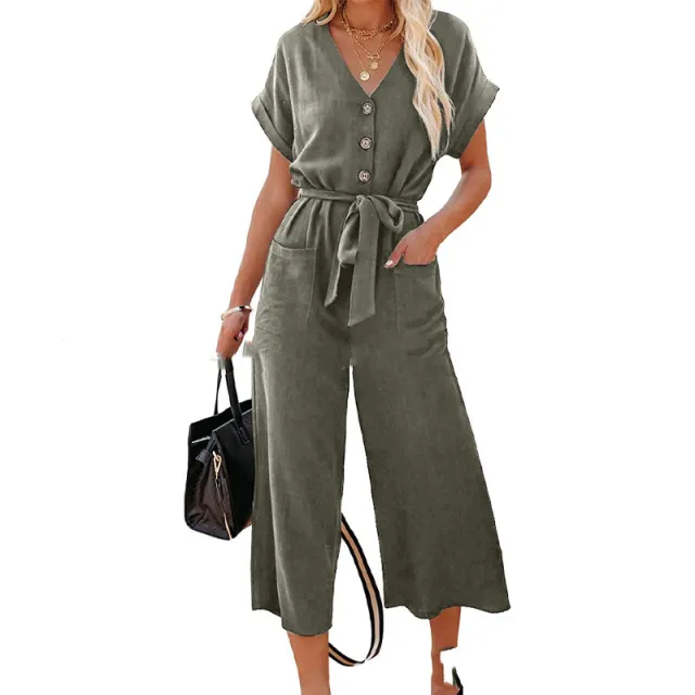 Cropped Pants Women's Loose Casual V neck Army Green - Shop at LoveMi