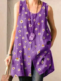 Daisy Print Round Neck Sleeveless Split Large Size Ladies T-Shirt Top - Purple - View 1