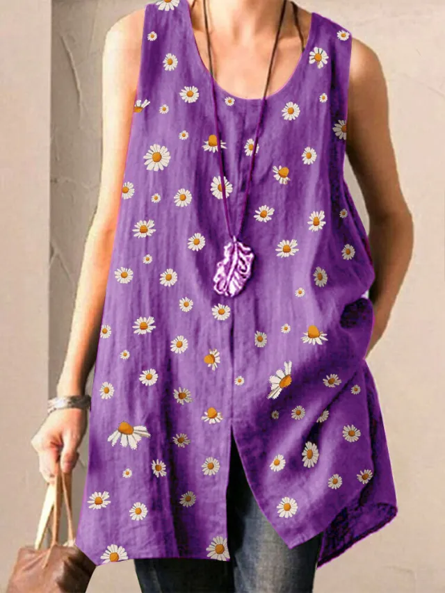 Daisy Print Round Neck Sleeveless Split Large Size Ladies T Shirt Top Purple - Shop at LoveMi