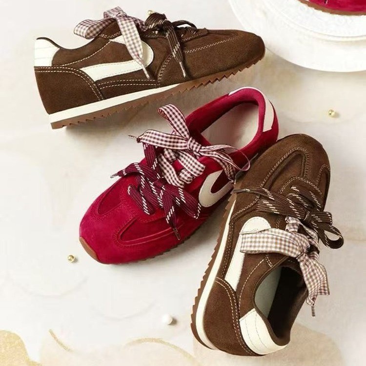 Women Sweet Cottagecore Vintage Suede Retro Trainers, Dual Plaid Check Ribbon Lace Up Color Block Low Top Flat Sneakers product image