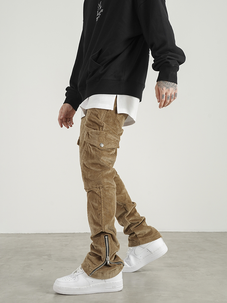 High Street Retro Distressed Corduroy Zipper Slim Cargo Pants