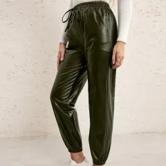 Motorcycle Leather Versatile Elastic Waist PU Leather Leather Pants Women - Green - View 1