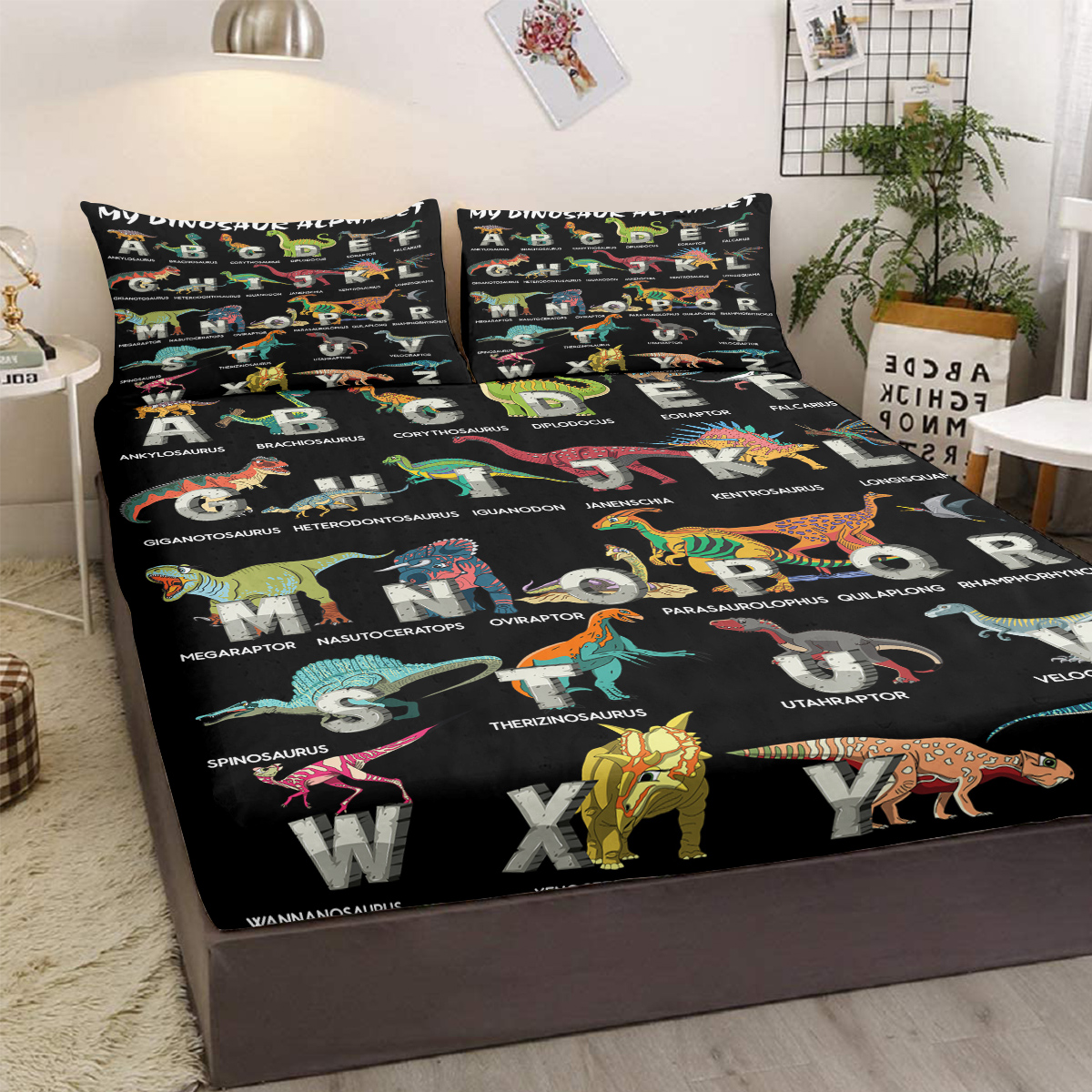 Bedding Fitted Sheet With Deep Pocket, Dino Printed Thicken Soft Fabric Bed Sheets