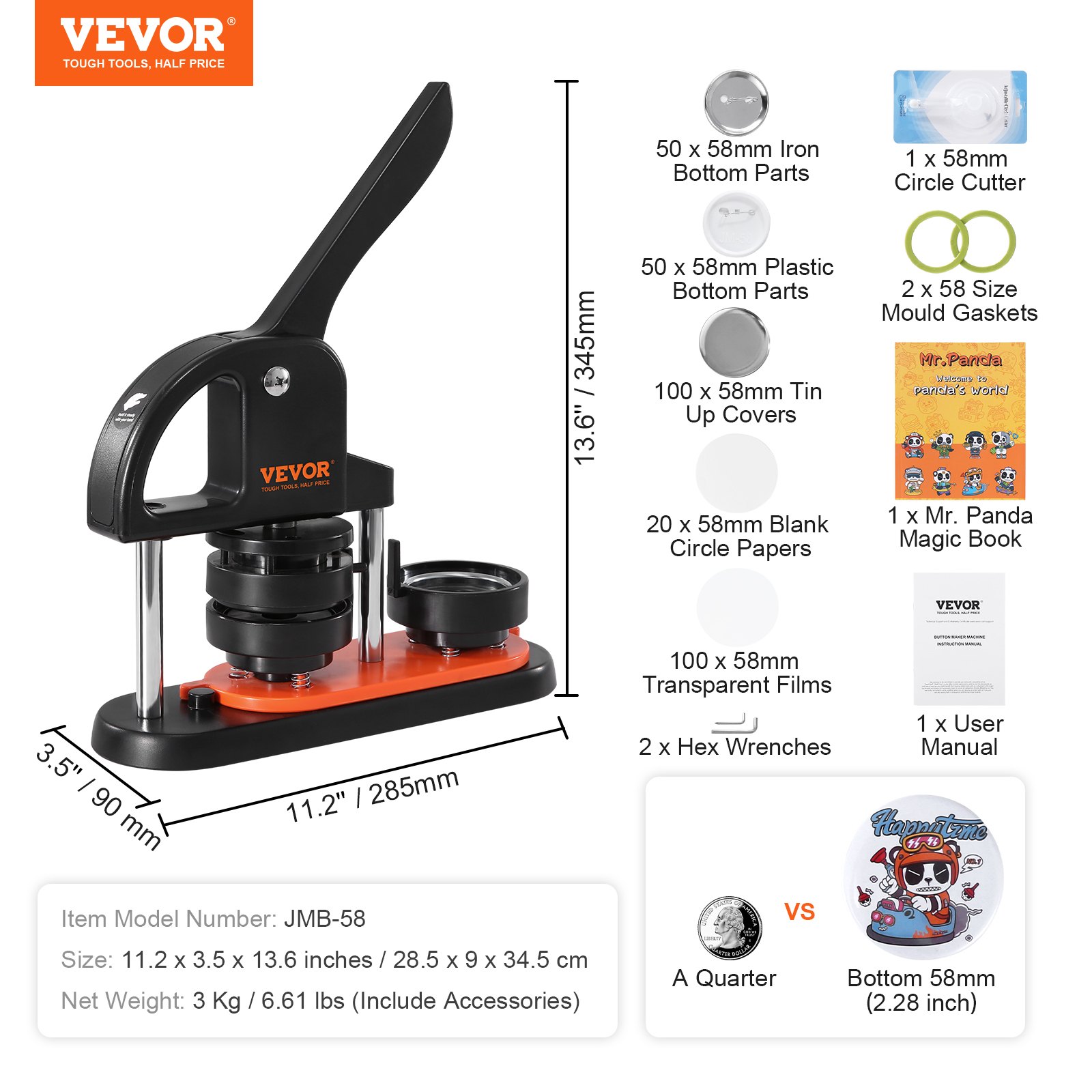 VEVOR Button Maker Machine, 2.28 Inch 58mm Pin Maker With 100pcs Button Parts, Ergonomic Arc Handle Punch… image 3