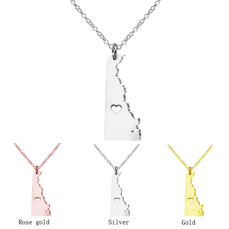 Delaware State Map Pendant Necklace with Heart Cutout