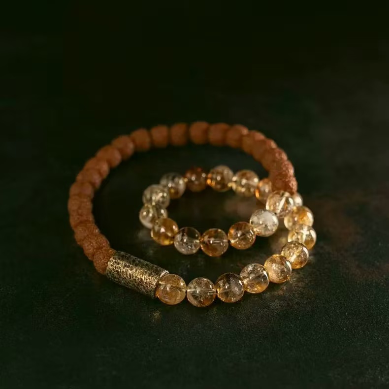 Natural Citrine  Rudraksha Bracelet Brass Bead Multi Layer Chain Unisex Wealth Energy Jewelry