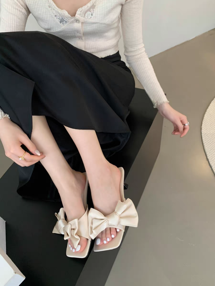 Fairy Style Square Bow Bow One Line Slippers For Women, Slim Heels With Exposed Toes, High Heels, Cool Slippers