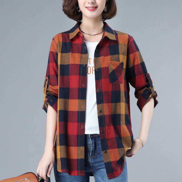 Large Size Long-sleeved Plaid Shirt Women's Slim And Loose Temperament Shirt Coat