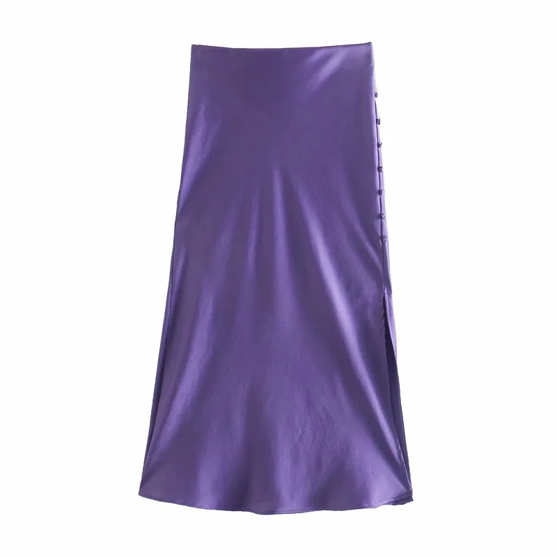 Ladies Fashion Buttoned Slit Satin Skirt