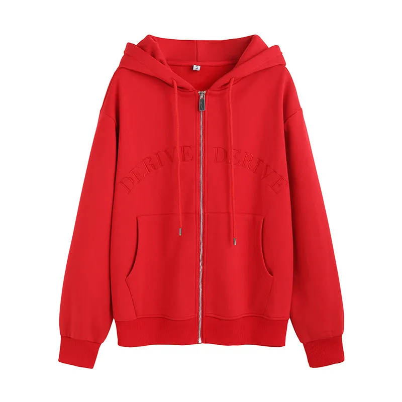Women's Fashion Loose Cotton Korean Letter Embroidered Coat - Red