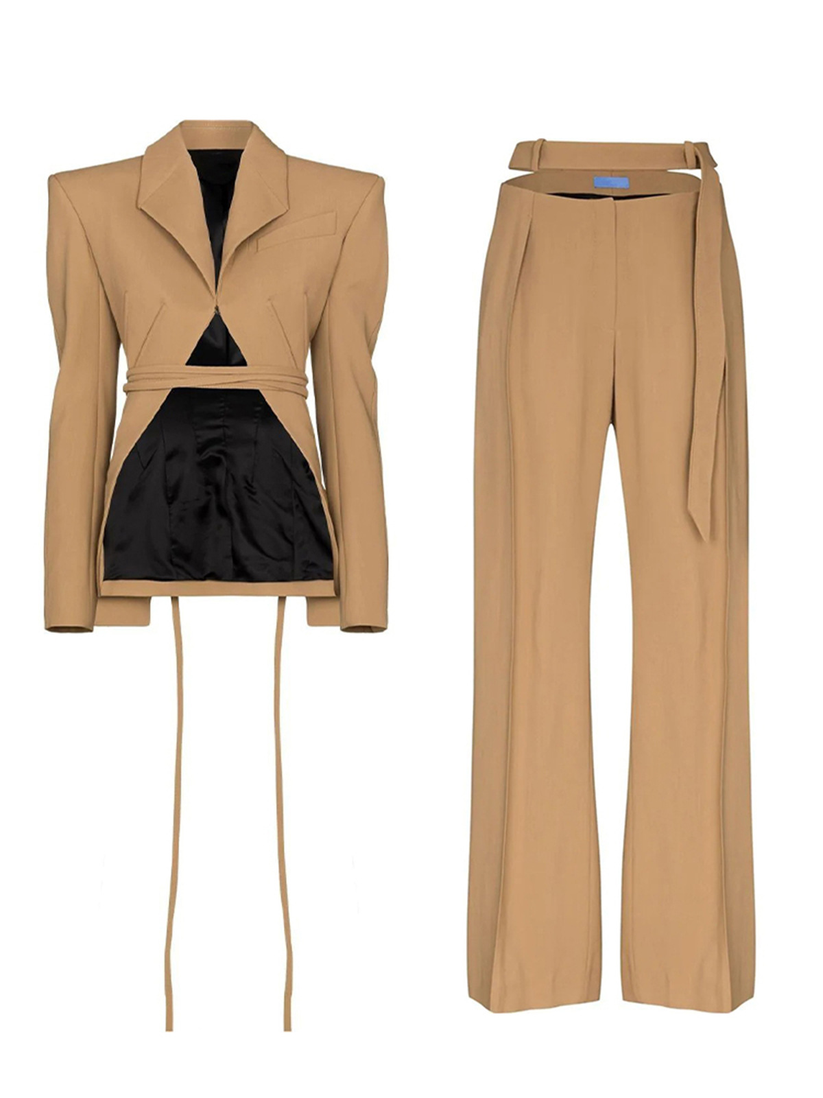 Drawstring Wide Shoulder Suit Jacket Hollowed Out Straight Leg Pants Two-piece Set