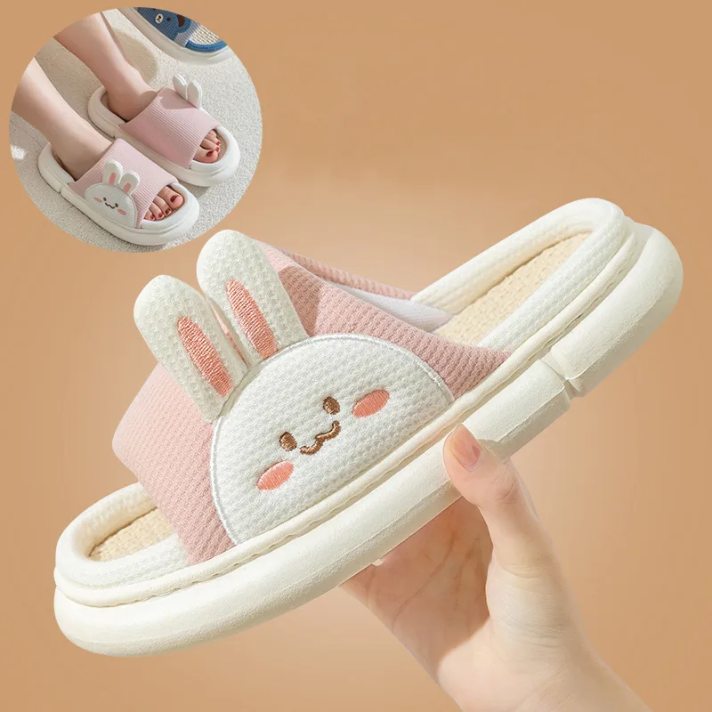 Cute Rabbit Slippers Linen House Shoes for Women