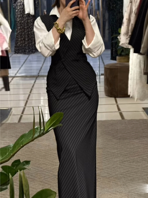 Striped Vest & High Waist Skirt Suit Black - Shop at LoveMi