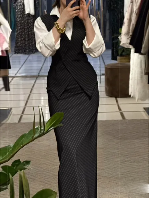 Striped Vest & High Waist Skirt Suit Black - Shop at LoveMi