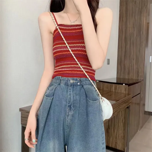 Colorful Striped Knitted Small Suspender Women's Vest Maroon - Shop at LoveMi