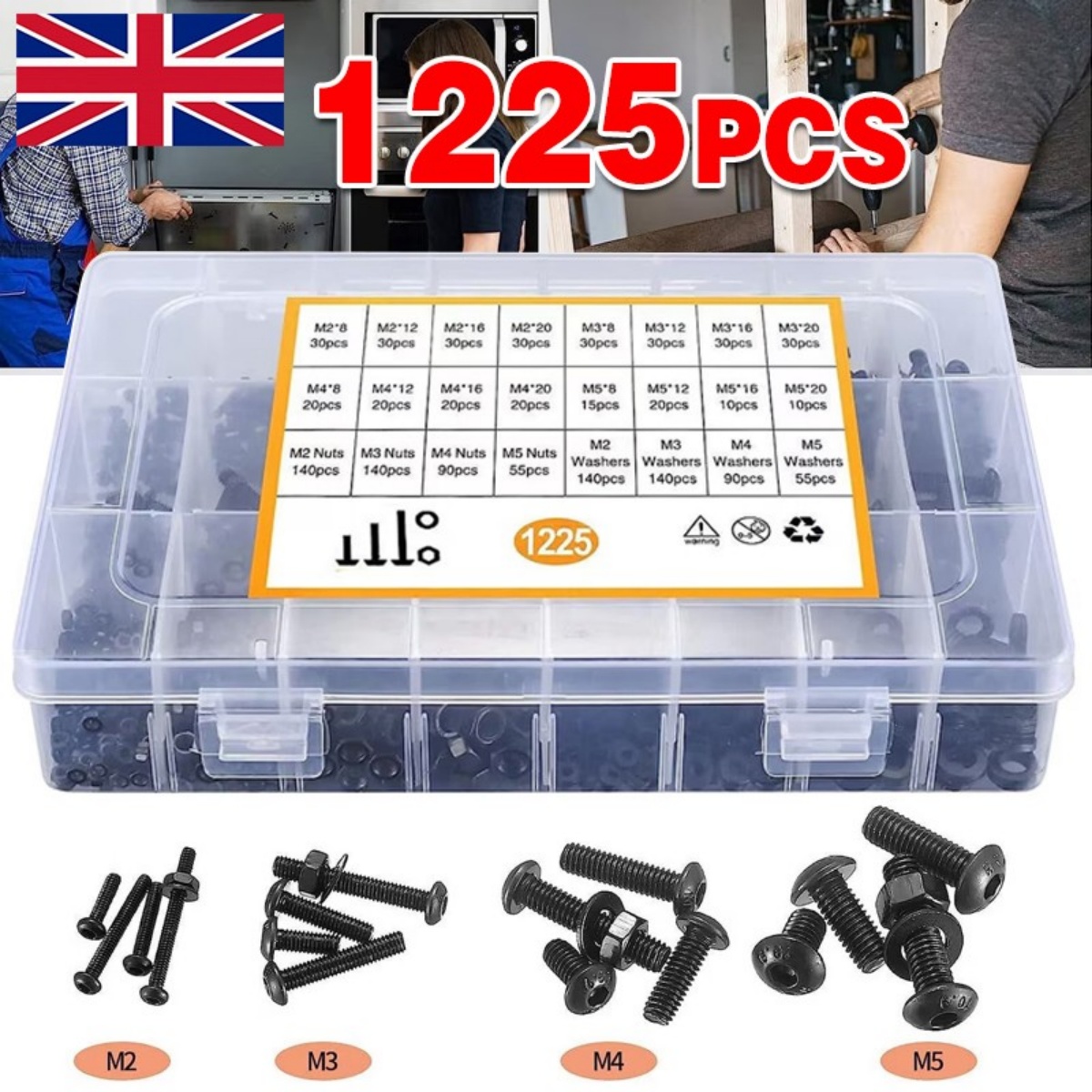 1225pcs Stainless Steel Hex Screws & Socket Bolts Nuts Set Assorted M2 M3 M4 M5 — image 4