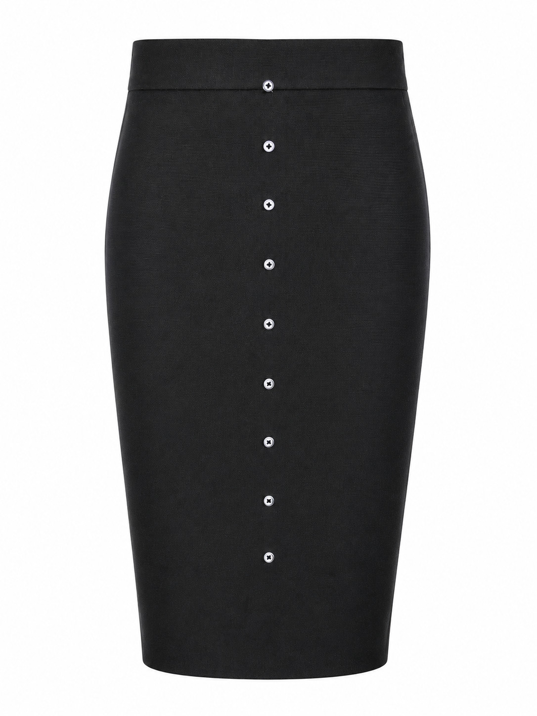 Elegant Black Bandage Pencil Skirt With White Button Detail - Stretch Slim Fit O