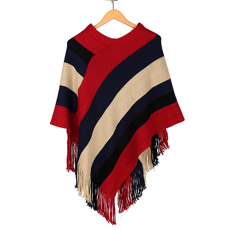 Color Blocking Striped Knitted Women Cape Shawl