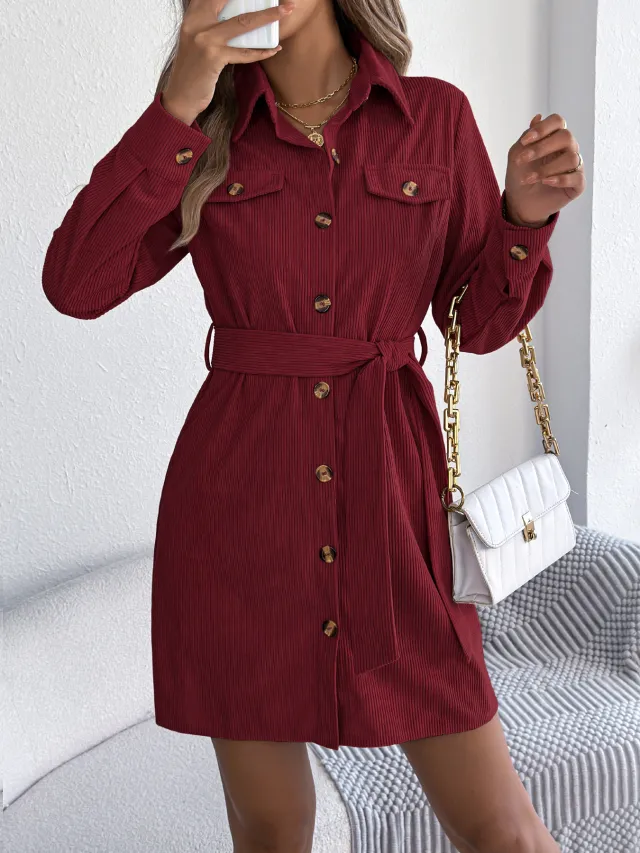 Casual Solid Color Single Breasted Long Sleeve Corduroy Shirt Dress Burgundy - Shop at LoveMi