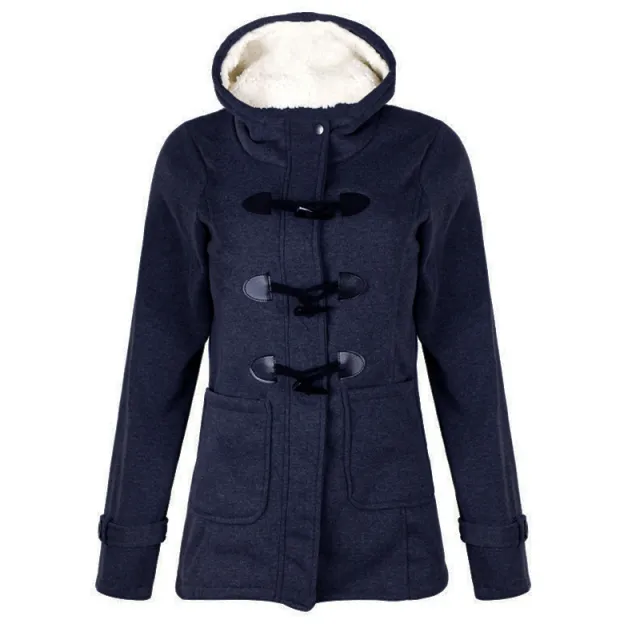 Women Warm Hooded Wool Double Button Coat Navy - Shop at LoveMi