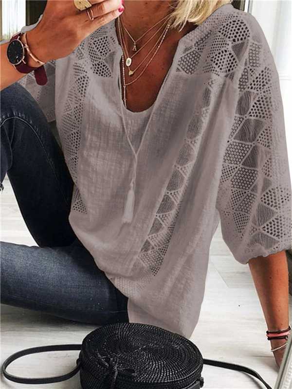 New European And American Lace-up U-neck Seven-quarter Sleeve Top T-shirt