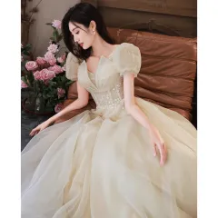 HOOR Women Luxury Puff Sleeve Backless Shiny Prom Gown - Champagne-S - View 1