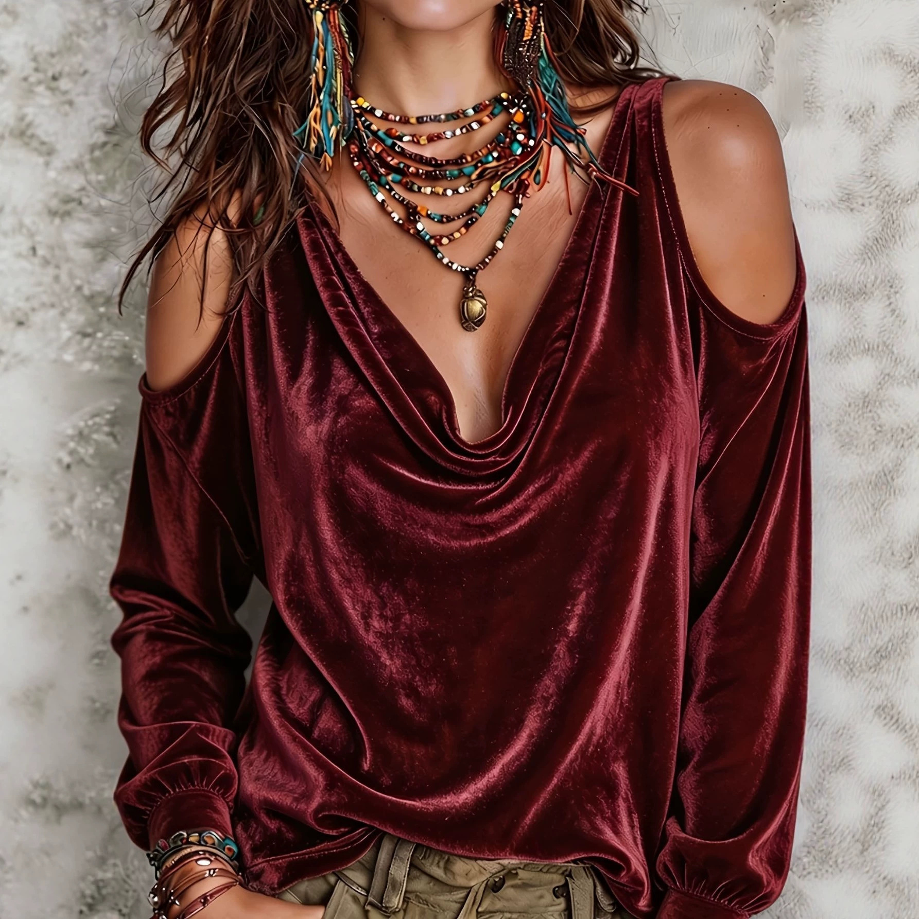 2026 New Autumn & Winter Velvet Loose Off-Shoulder Fashion Casual Long Sleeve Top