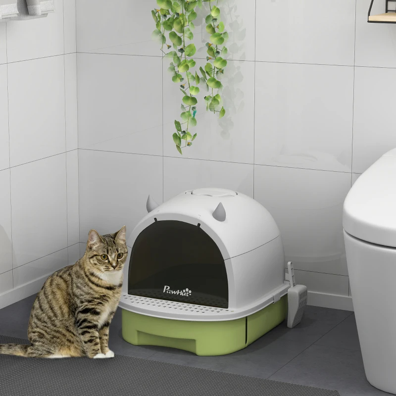 Covered Cat Litter Box With Lid, Scoop, Deodorizing Bags For Odor Control, Privacy, Easy To Clean, Green