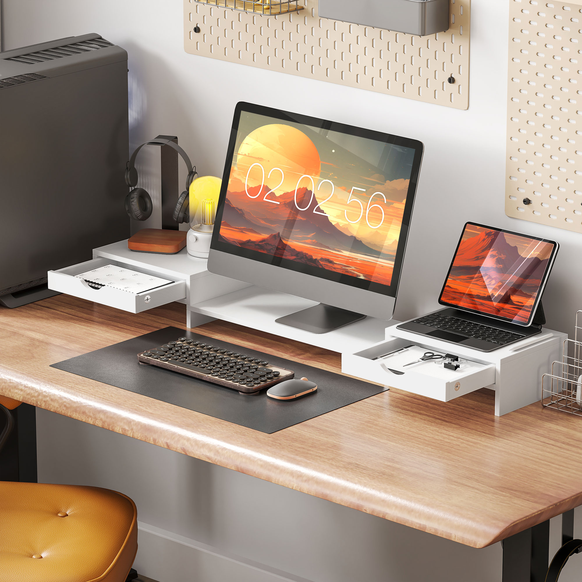 Dual Monitor Stand With 2 Drawers, Adjustable Length And Angle, 116cm Suitable — image 11
