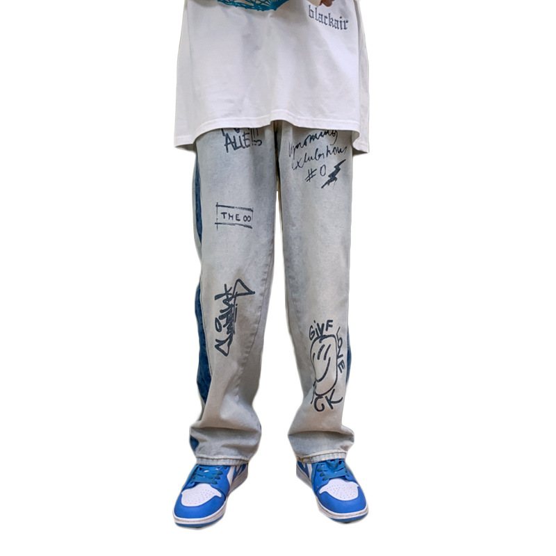 Trendy Brand Jeans Men's Loose Fashion Long Pants Personality Printing Straight-leg Pants