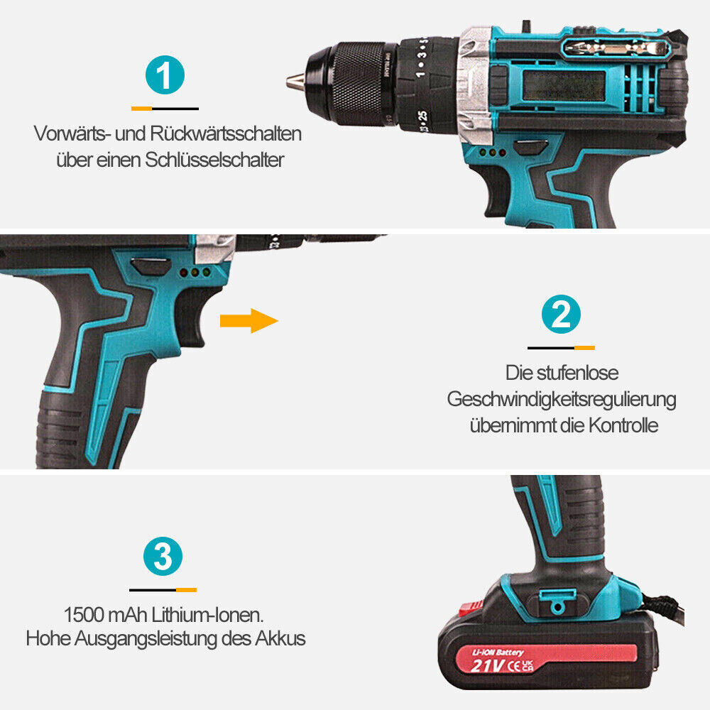 3-in-1 Cordless Impact Drill Brushless 21V Cordless Screwdriver, Case With 2 Batteries - photo 6