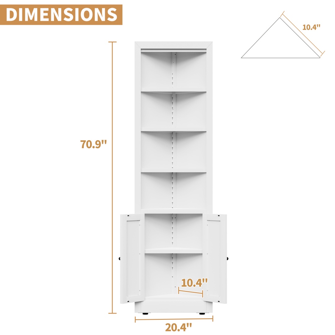 71in Tall Corner Storage Cabinet With 2 Doors, 5-Tier Metal Cabinet With Adjustable Shelves, Freestanding Kitchen Storage For Pantry, Living Room, Bathroom, Laundry Room, Space Saving Furniture, White