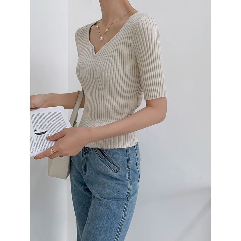 Vertical Pattern V-neck Linen Top Slim Short Sleeves