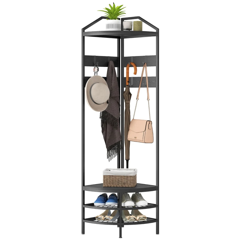 Corner Hall Tree, Industrial 4-Tier Coat Rack With Shoe Storage, 8 Movable Hooks And 2 Shelves For Hallway, Black