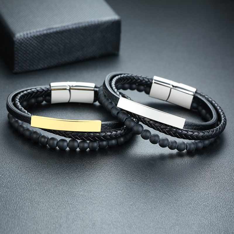 Men's Stainless Steel Black Leather Bracelet