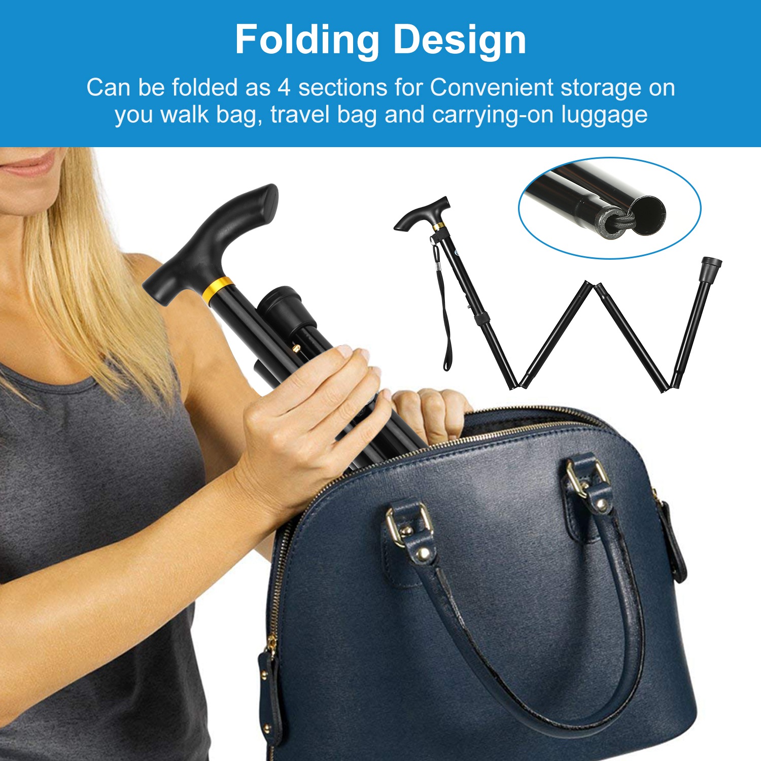 1Pc  Walking Cane Aluminum Alloy Walking Stick Adjustable Folding Travel Hiking Stick Antislip