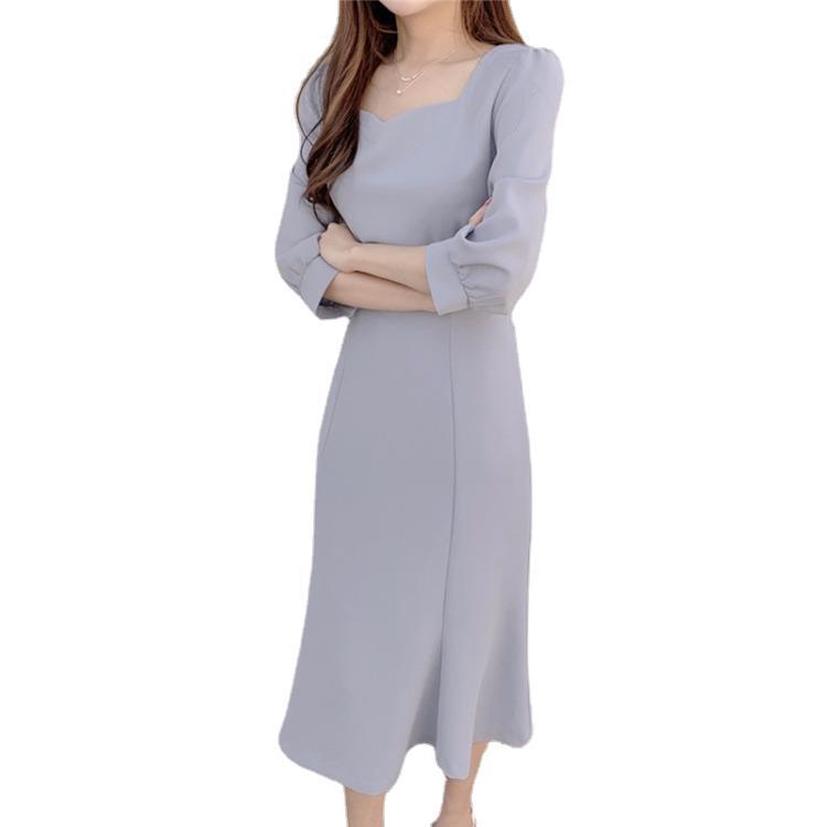 French Elegant Temperament Clavicle-baring Square Neck Tie Waist Dress